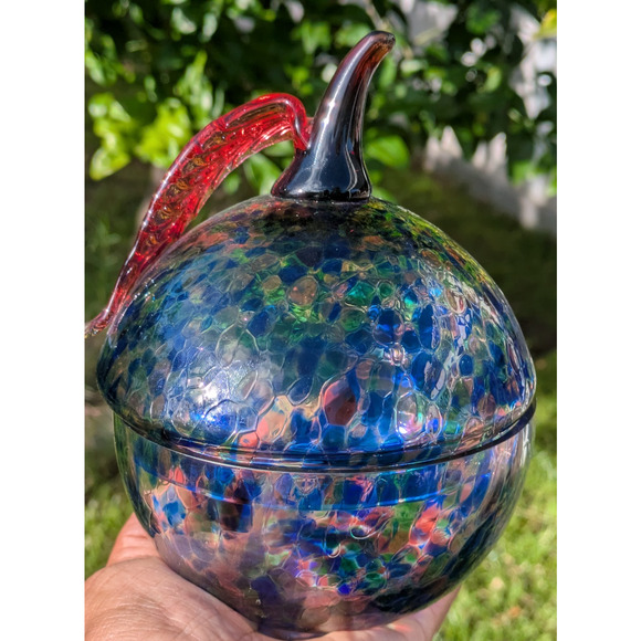 VTG Design Guild Czech Art Glass Candy Dish Apple Shape Iridescent Lid Bowl Rare - Picture 2 of 11